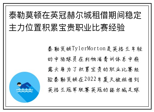 泰勒莫顿在英冠赫尔城租借期间稳定主力位置积累宝贵职业比赛经验