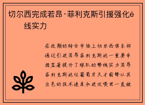 切尔西完成若昂·菲利克斯引援强化锋线实力